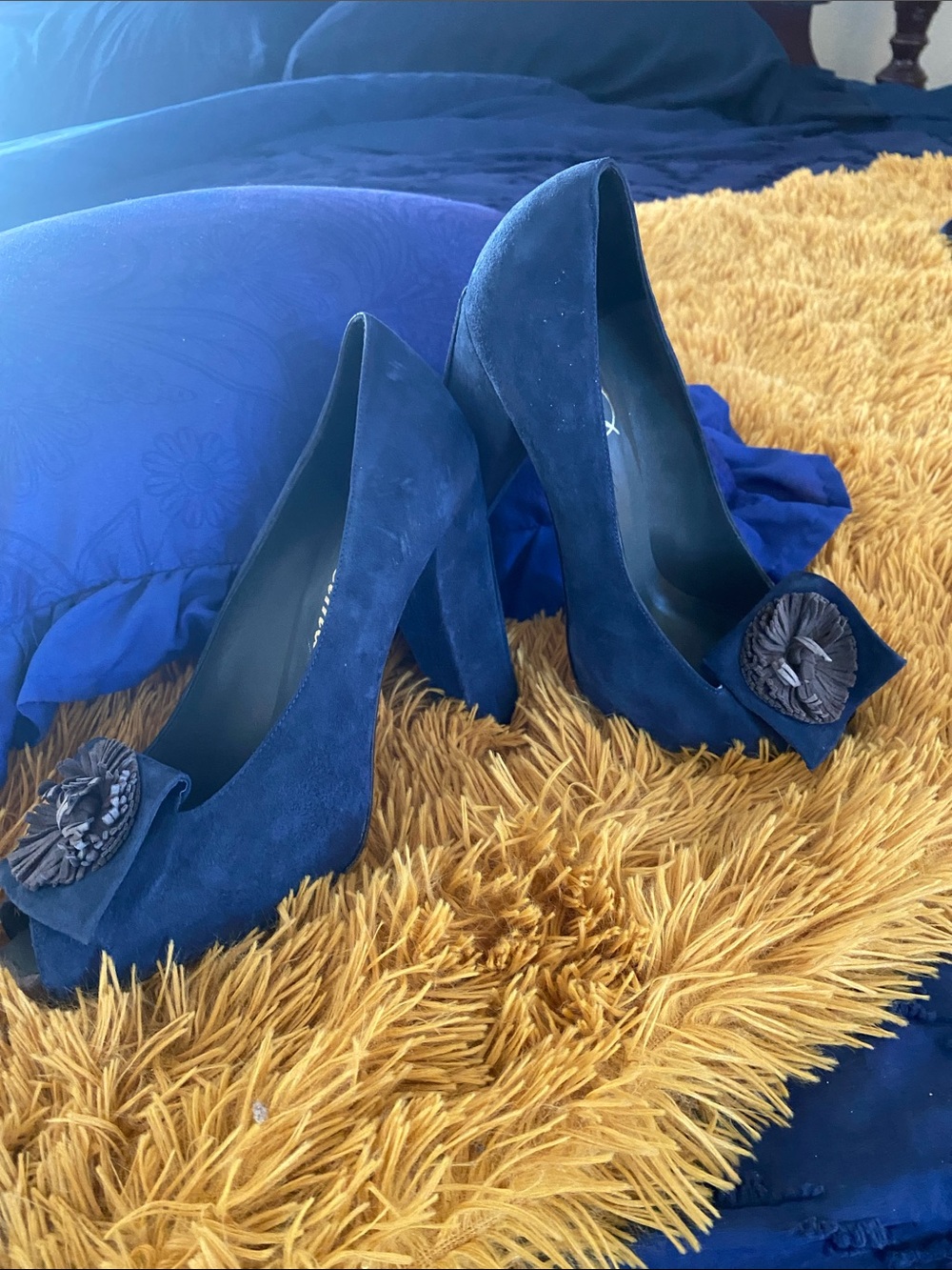 Delman Navy Suede Block Heel Pumps with Bow Rosette